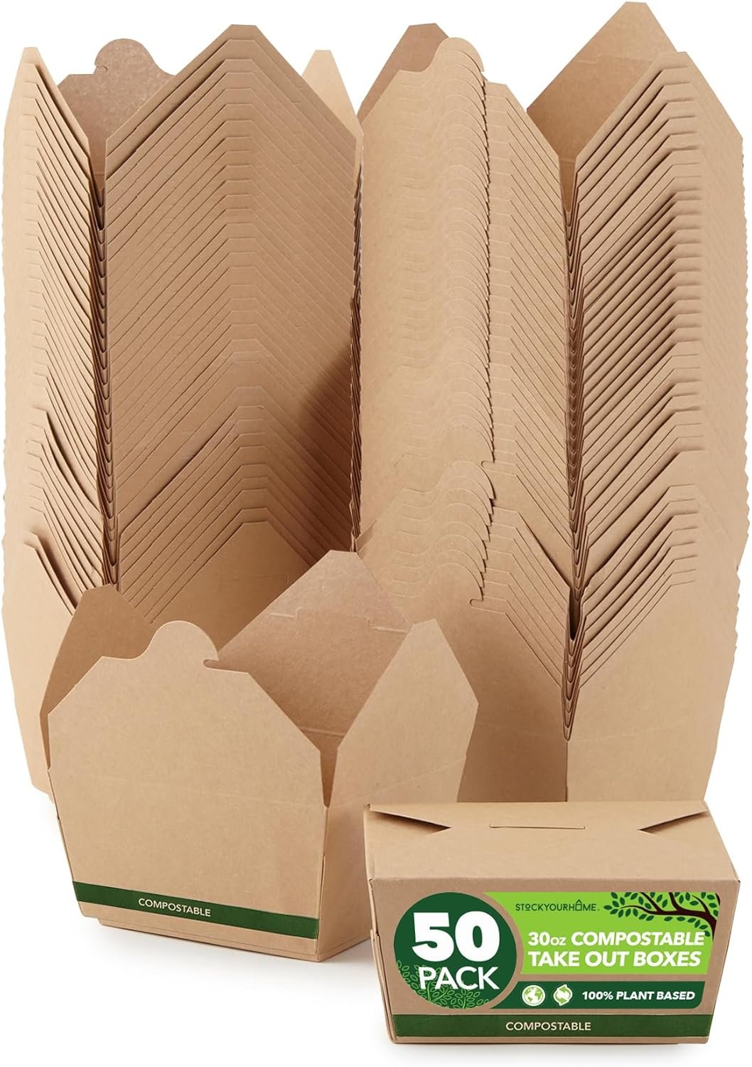 (Set of 50) 30oz Compostable Food Take Out Containers Disposable, Small Microwaveable Paper To Go Boxes, Grease Resistant Natural Kraft Cardboard Lunch Box, Takeout, Biodegradable, Eco-Friendly Factory Direct Sale