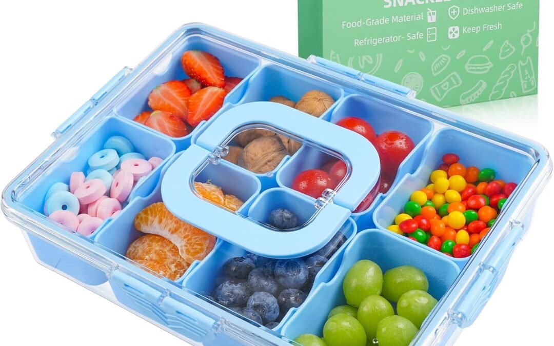 Snackle Box Container, Dishwasher Safety - Divided Serving Tray with Lid and Handle, Charcuterie Board for Portable Snack Platters - Organizer for Fruits Snacks - Perfect for Road Travel - Light blue