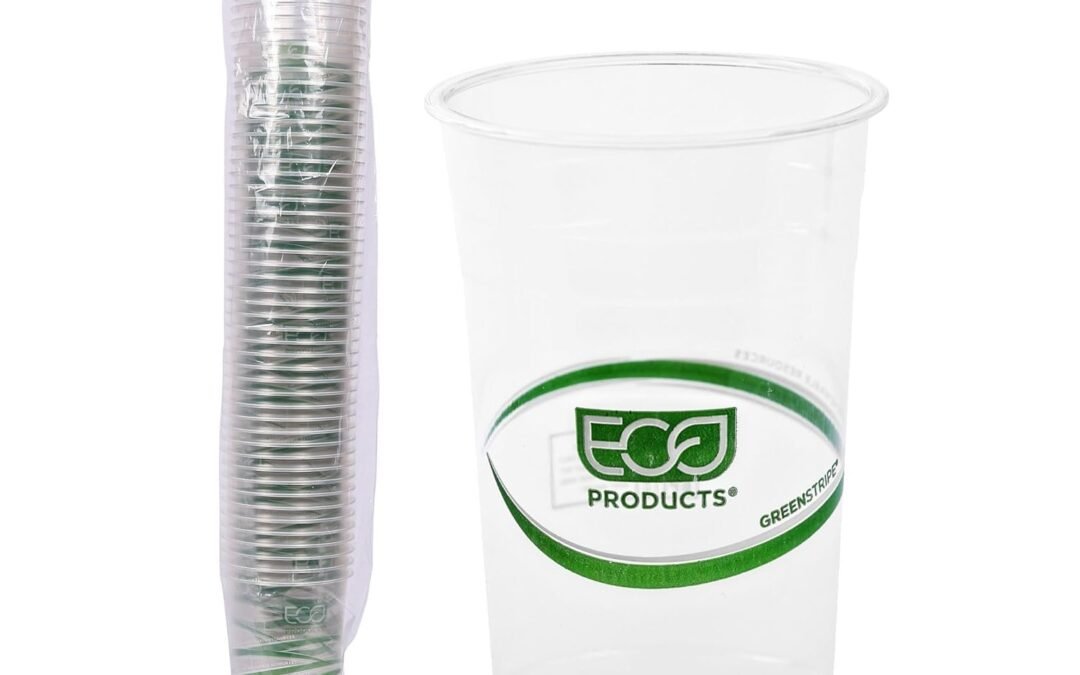 ECO PRODUCTS GreenStripe Clear Compostable 24oz PLA Large Plastic Cups, Pack of 50, Disposable Renewable Plant-Based Cold Cups, For Cold Drinks & Snacks, BPI Certified, ASTM Compliant. Manufacturer & Supplier