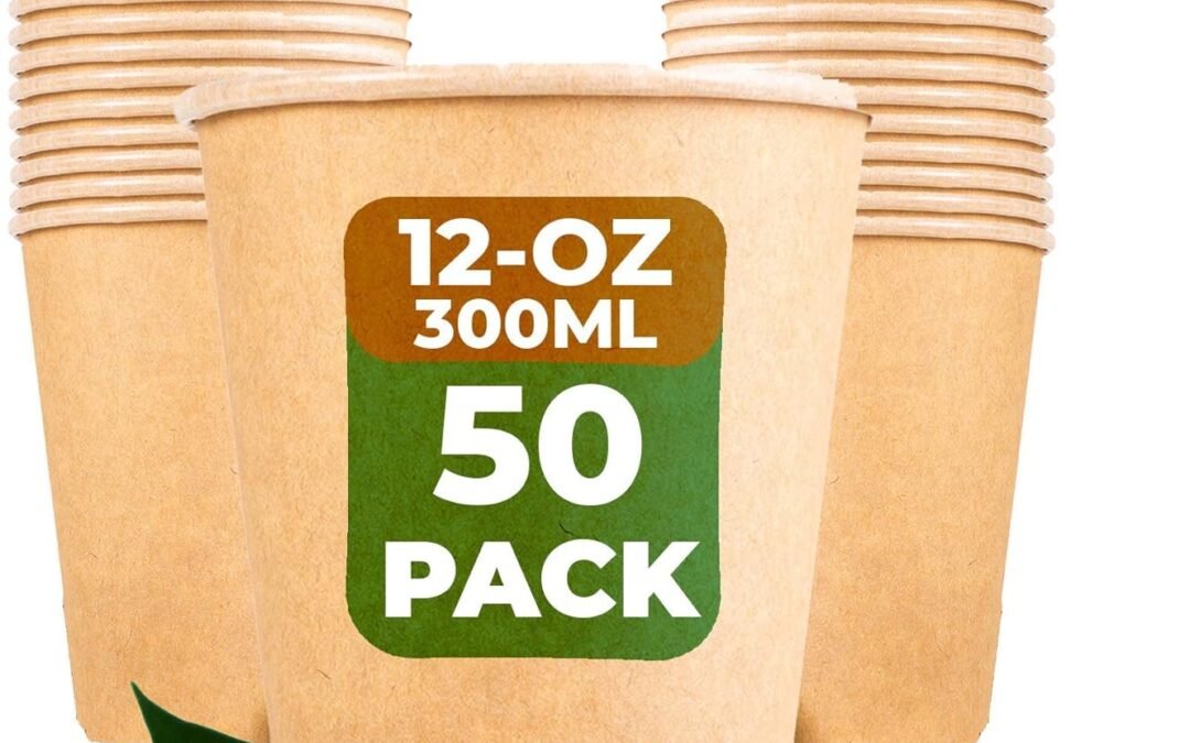 [50-Pack Super Strong 100% Compostable Coffee and Tea Cups – Eco – Biodegradable – Disposable Rigid Containers for Office, Party & Wedding – Brown Kraft Paper, PLA Coating (300ml / 12oz) Manufacturer & Supplier