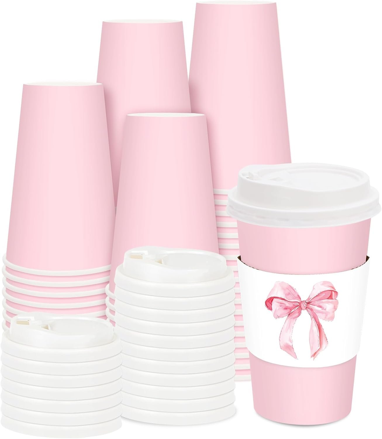 factory wholesale 50 sets pink coffee cups with lids and watercolor bow sleeves 16oz bowknot paper cups disposable to go coffee cups for birthday baby shower bachelorette party