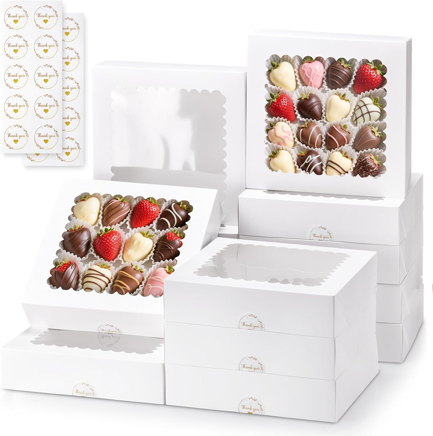 private label 20pcs bakery boxes with window, 10x10x2.5 inches white treat boxes for desserts, cookie, pastry, chocolate strawberries and pie manufacturer & supplier