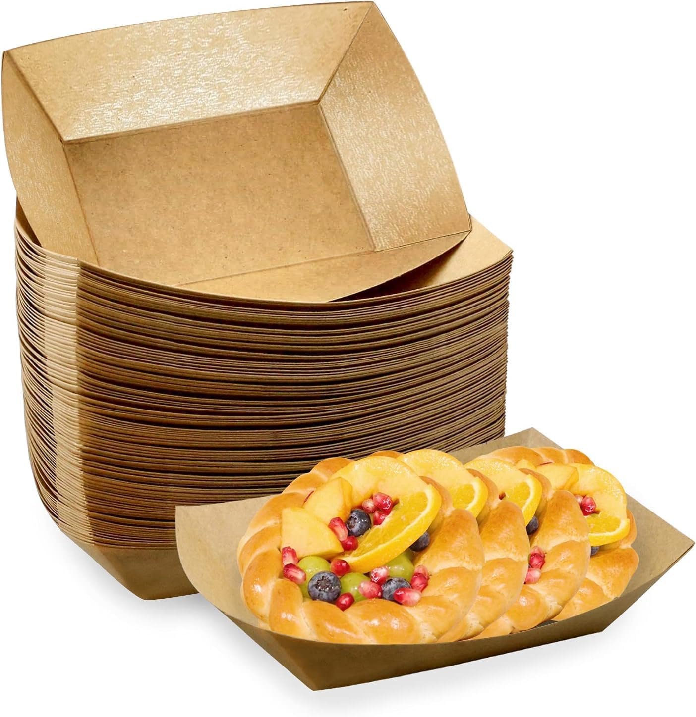top chinese factory oomcu 100 pack 3 lb heavy duty paper food trays - disposable kraft brown paper boats for party snacks, nachos, hot dogs, tacos & bbq wholesale deal