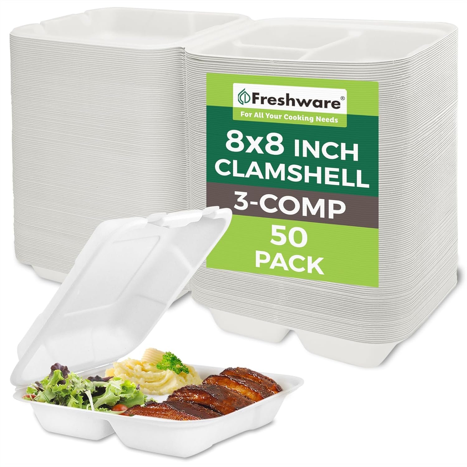 private label freshware compostable clamshell food containers [8x8] 3-compartment 50-pack, disposable containers, biodegradable sugarcane to go boxes - paper food containers - microwave & freezer safe, stackable manufacturer