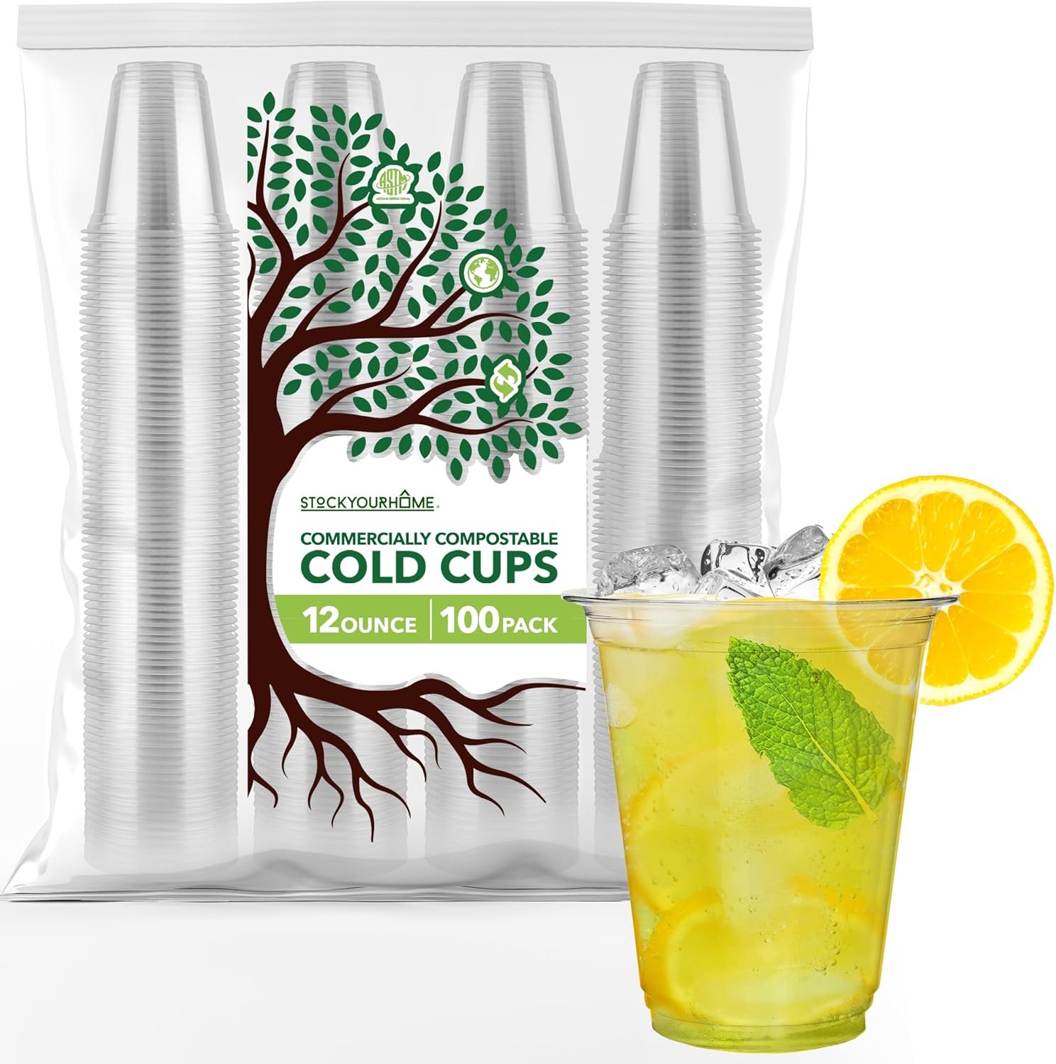 stock your home 12 oz clear commercially compostable cold cups (100 pack) plant based eco party cup, environmentally friendly recyclable disposable sustainable for water, wine manufacturer & supplier