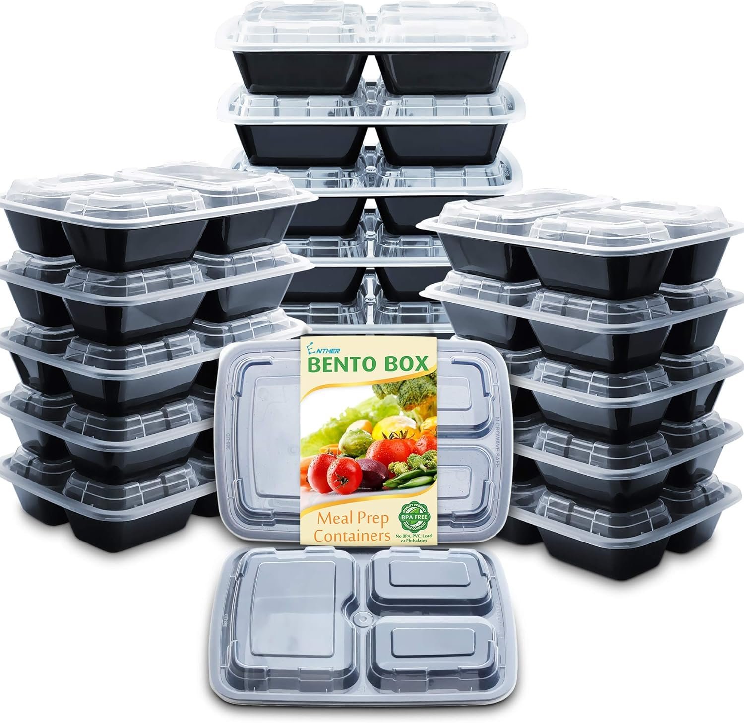 factory wholesale enther meal prep containers with lids 20 pack 3 compartment food storage bento lunch box bpa free, reusable, microwave/dishwasher/freezer safe, 24oz black small