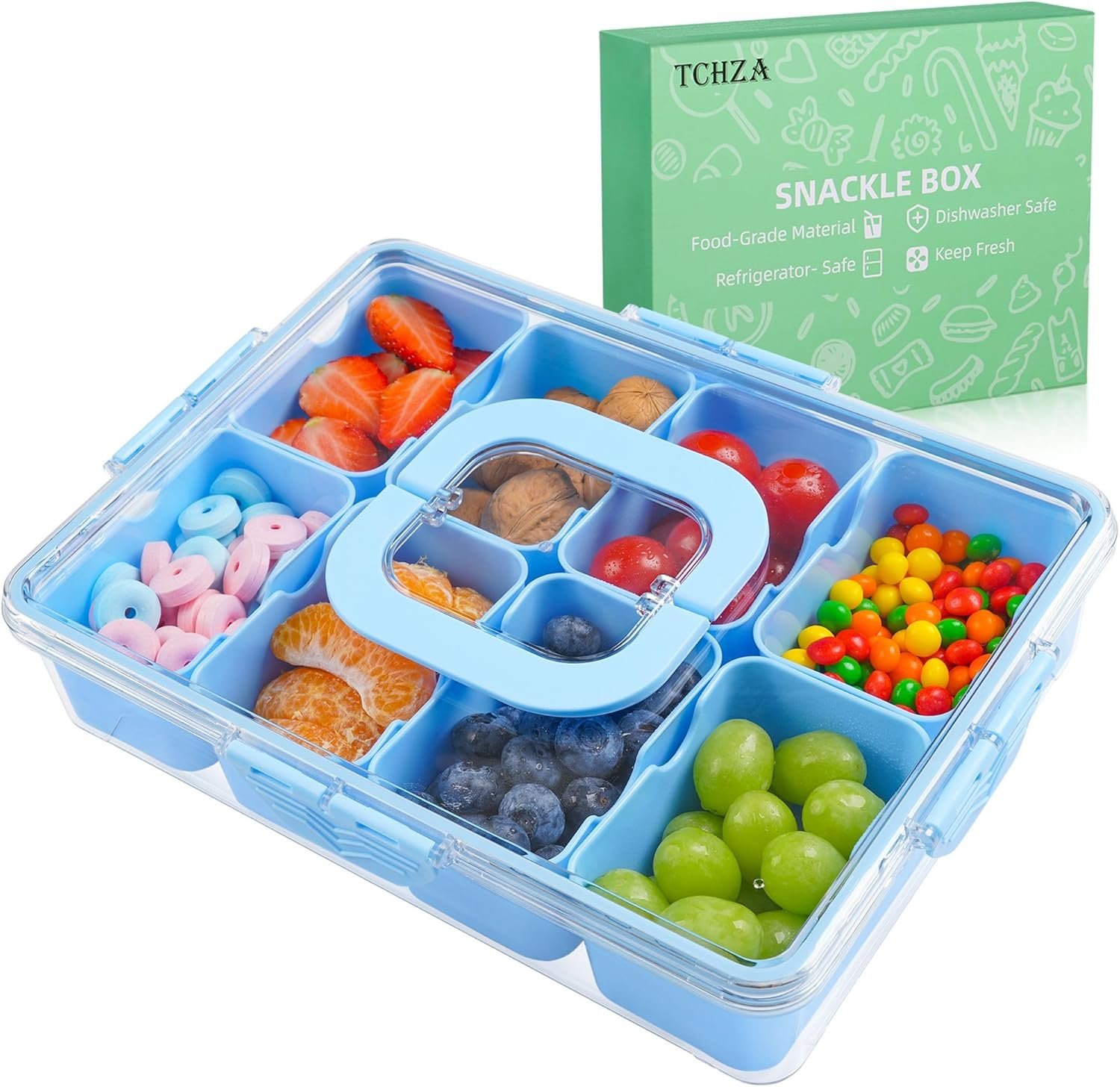 oem snackle box container, dishwasher safety - divided serving tray with lid and handle, charcuterie board for portable snack platters - organizer for fruits snacks - perfect for road travel - light blue factory