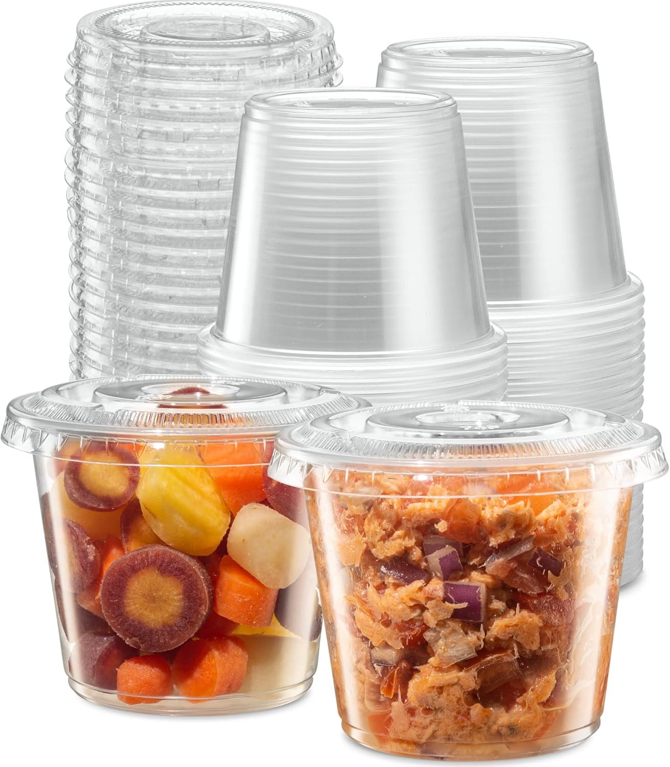 china (5 oz - 100 sets) clear diposable plastic portion cups with lids, small mini containers for portion controll, meal prep, sauce cups, slime, medicine, dressings, crafts, disposable souffle cups wholesale supplier
