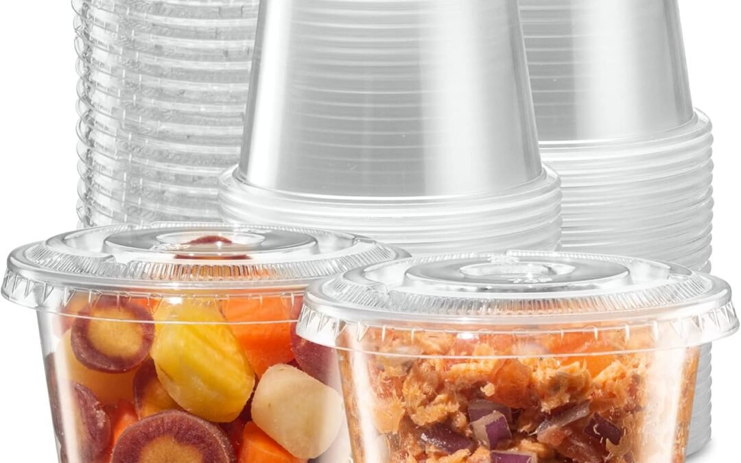 (5 oz - 100 Sets) Clear Diposable Plastic Portion Cups With Lids, Small Mini Containers For Portion Controll, Meal Prep, Sauce Cups, Slime, Medicine, Dressings, Crafts, Disposable Souffle Cups