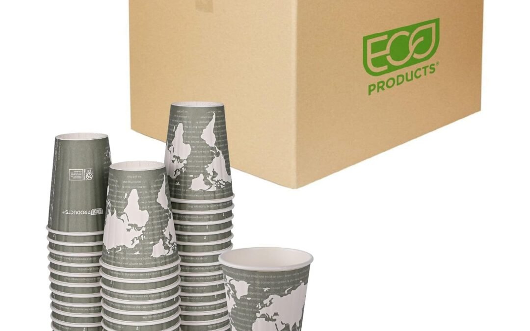 ECO PRODUCTS Compostable Disposable Insulated World Art 12oz Coffee Cups, Case of 600, Renewable Double-wall Hot Paper Cup, Plant Based PLA Lining, No Sleeves Needed, Color Coded Manufacturer & Supplier