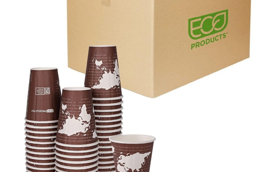 ECO PRODUCTS Compostable Disposable Insulated World Art 8oz Coffee Cups, Case of 800, Renewable Double-wall Hot Paper Cup, Plant Based PLA Lining, No Sleeves Needed, Color Coded Manufacturer & Supplier