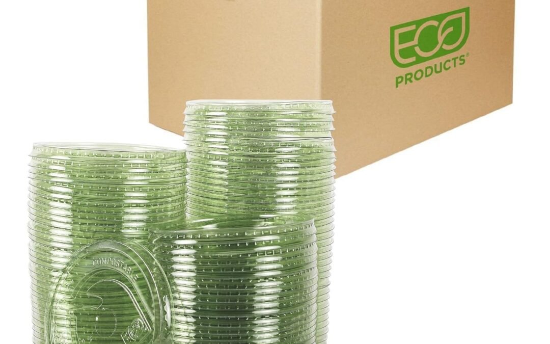 ECO PRODUCTS Compostable Plastic Cup Flat Lids, Case of 1000, Perforated Straw Hole, Fits 9-24oz Cups, GreenStripe Veridian Clear Green, Made From PLA Renewable Plant Based Plastic Manufacturer & Supplier