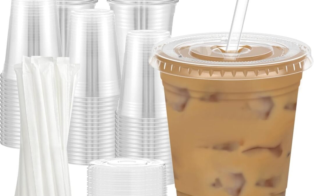 Factory Wholesale 100 Pack – 16 oz Clear Plastic Cups with Lids and Straws, Sturdy & Food Safe Iced Coffee Cups with lids, Disposable Plastic Smoothie Cups for Cold Drinks