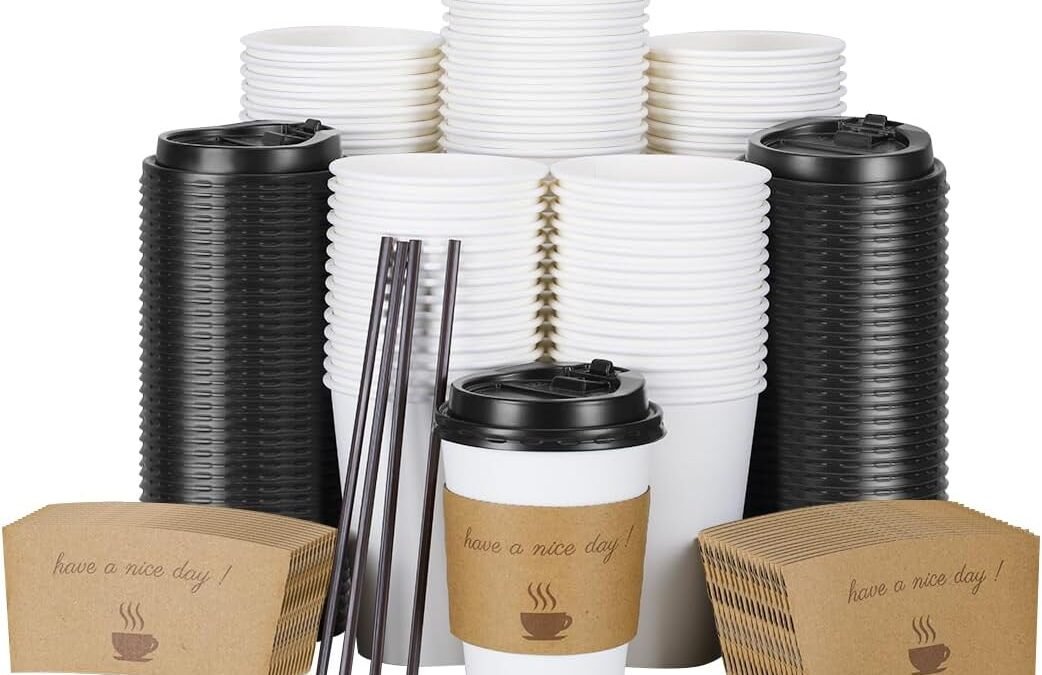 Factory Wholesale 100 pack 12 oz Disposable Thickened Coffee Cups with Lids, Scald Resistant Hot Cup with Sleeve and Straw, To Go Coffee Cups for Home, Office, Cafes and Party (White 12oz)