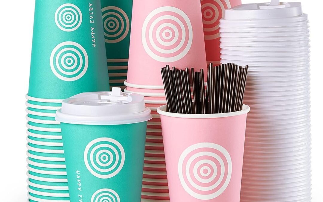 Factory Wholesale 16 oz 100 Pack Paper Coffee Cups with Lids and Stirrers in Pink and Green. Great for Coffee, Juice, Tea, Home Use, Store and Cafe