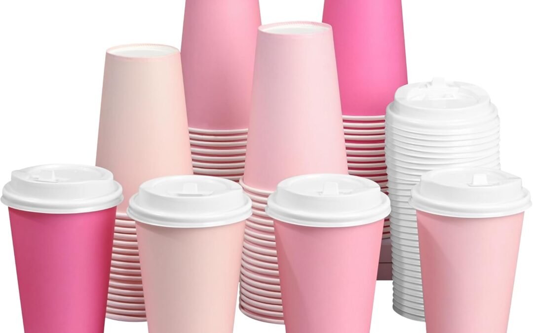 Factory Wholesale 40 Pcs 12 oz Pink Disposable Coffee Cups with Lids Hot Pink Light Pink Gradient Paper Cups for Hot and Cold Beverage Water Juice Coffee Tea Party Wedding Bride Shower Supplies