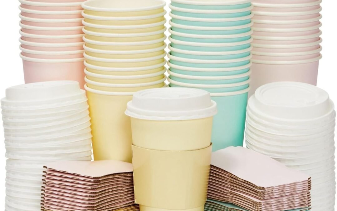 Factory Wholesale 48 Pack 16 oz To Go Coffee Cups with Lids and Sleeves for Baby Shower and Birthday Party Supplies, Home, Restaurant, Cafe, or Store Use (Insulated, Disposable, 4 Pastel Colors)