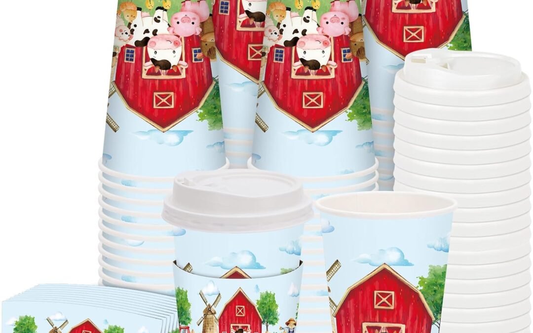 Factory Wholesale 48 Set Farm Animal Disposable Coffee Cups with Lids and Sleeves Cartoon Farm Paper Cups Barnyard Drinking Cups for Farm Party Supplies