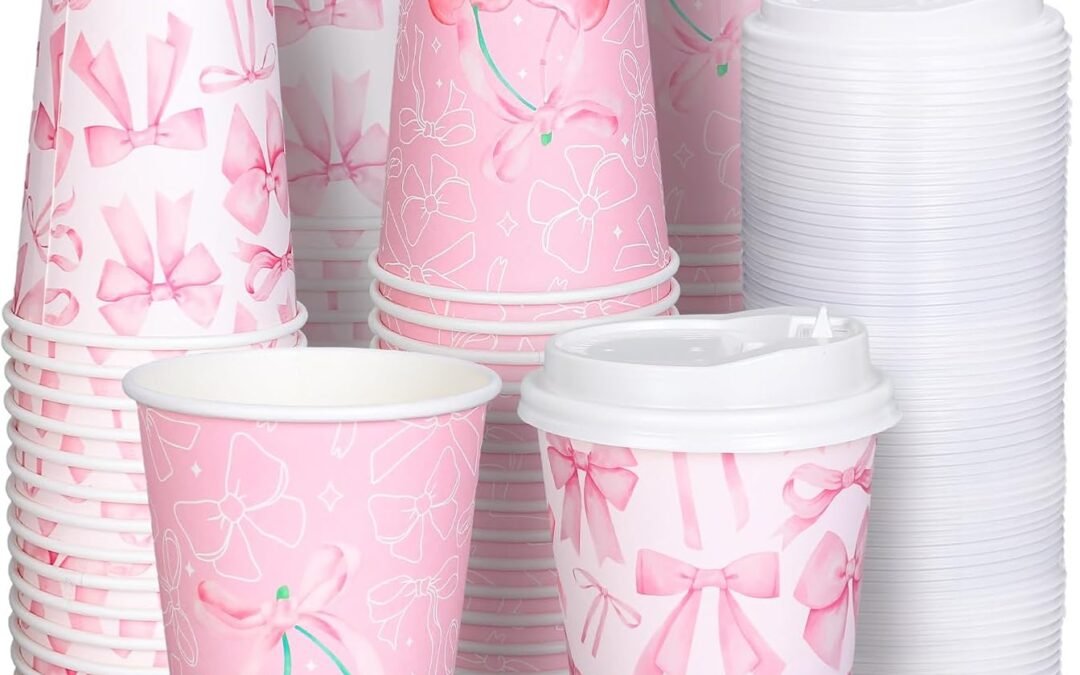 Factory Wholesale 50 Pcs Pink Bow Coffee Paper Cups Cherry Bowknot Coquette 16 Oz Disposable Cups with Lids for Hot Cold Drinks Birthday Baby Shower Bachelorette Party Supplies, 2 Designs