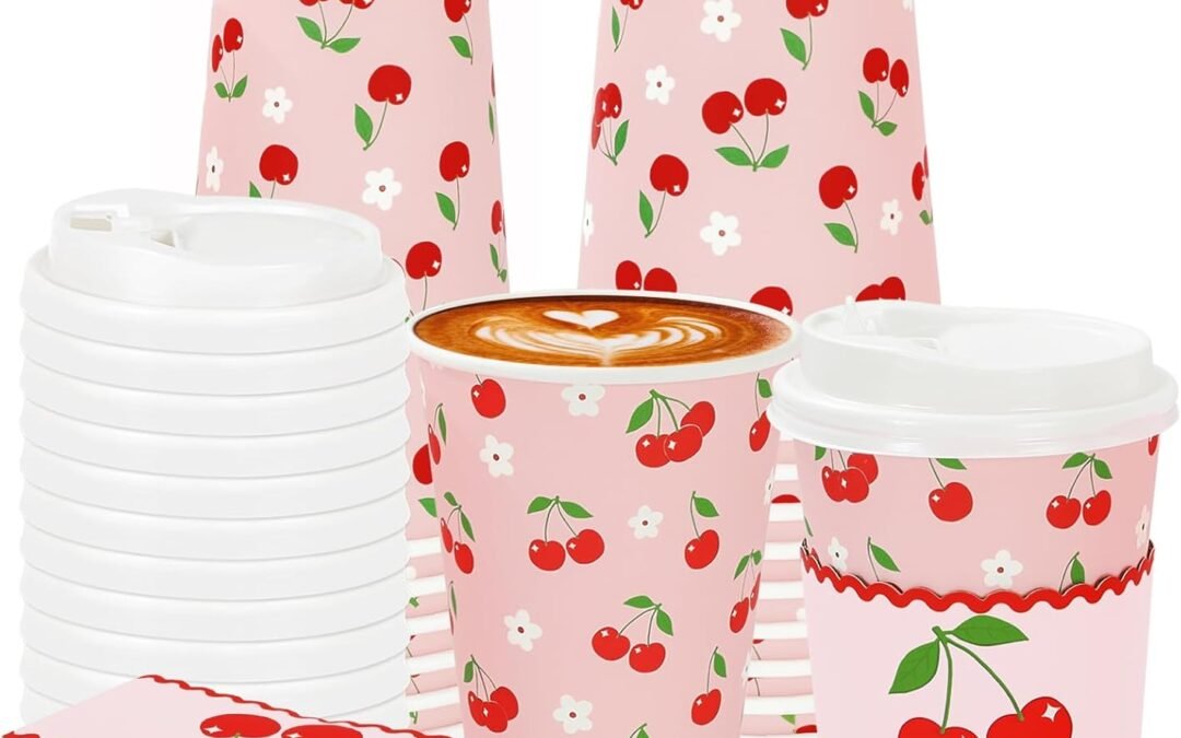 Factory Wholesale 50 Set Pink Cherry Disposable Paper Cups with Sleeves Lids 16Oz Cute Cherry Flower Drinking Coffee Cups Red Pink Cold Beverage Paper Cup for Wedding Birthday Baby Shower Party Supplies
