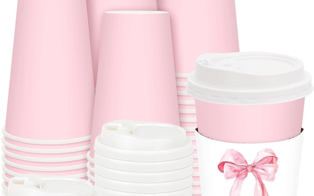 50 Sets Pink Coffee Cups with Lids and Watercolor Bow Sleeves 16oz Bowknot Paper Cups Disposable To Go Coffee Cups for Birthday Baby Shower Bachelorette Party