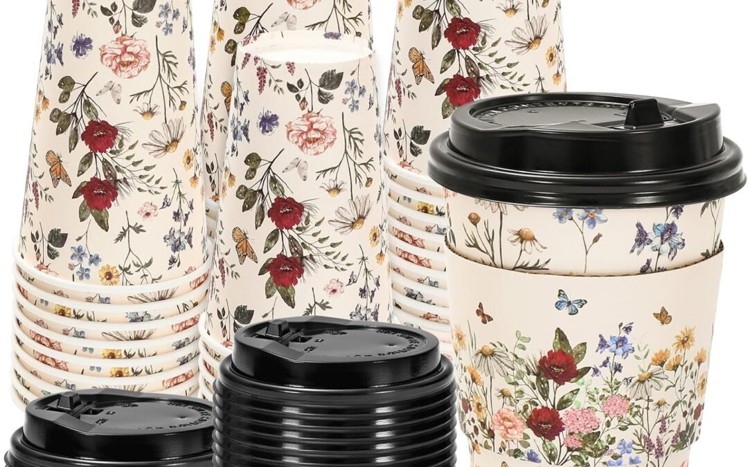 Factory Wholesale 50 Sets Vintage Floral Coffee Cups with Lids and Sleeves 16oz Coffee Wildflower Paper Cups Disposable To Go Coffee Cups for Cafes Shops Cappuccino Chocolate Beverage Cocoa