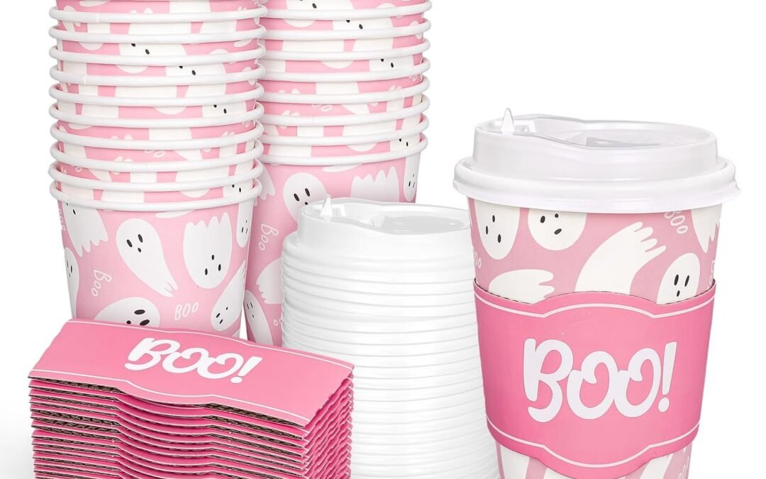Factory Wholesale 50Pcs Halloween Coffee Paper Cups Pink Cute Ghost Boo Disposable Cups with Lids and Sleeves for Birthday Baby Shower Party Supplies Hot Cold Drinks, 16 Oz