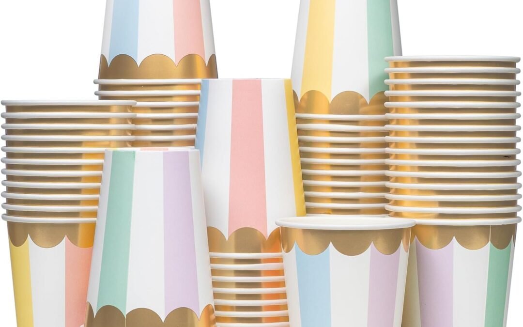 Factory Wholesale Disposable Paper Coffee Cups, Bulk 100 Pack, Pastel Stripes, Leak-Resistant, 12 oz Hot and Cold Cups for Restaurants and Parties