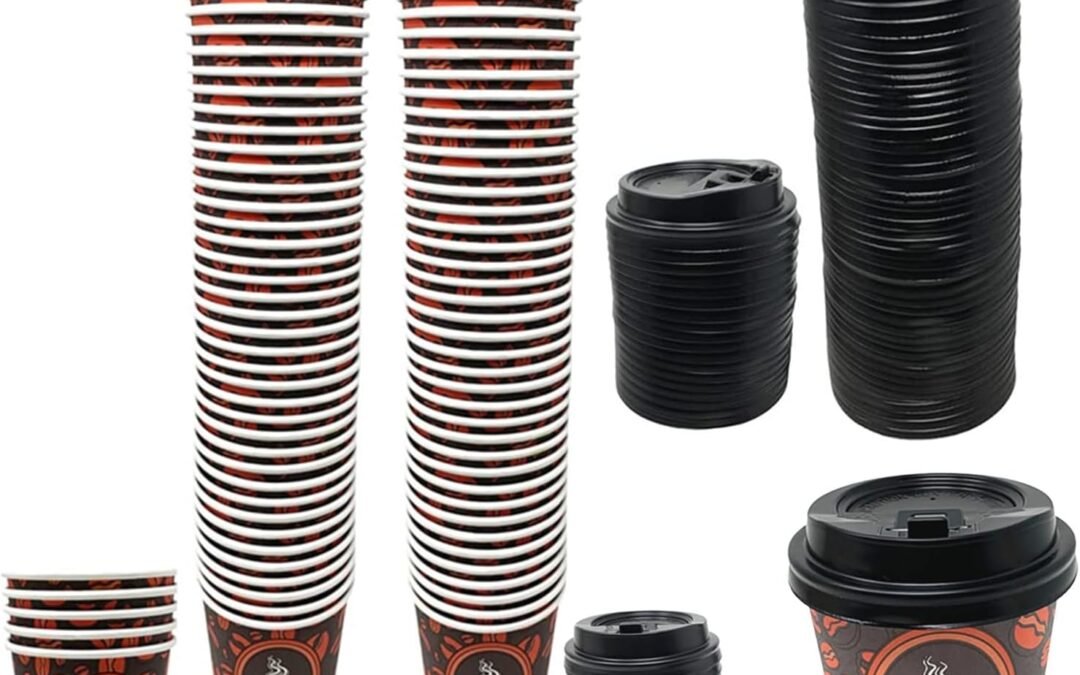 Factory Wholesale Disposable Paper Coffee Cups with Lids, Perfect For Tea & Hot Drinks – 100 Pack (8 oz, Coffee Bean Design)