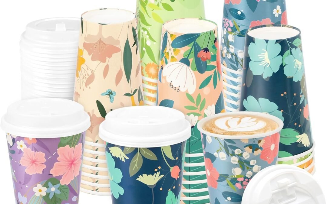 Factory Wholesale Disposable Paper Cup 16 oz 48-piece Coffee Cups with Lids, 6 Spring Floral Design Drinking Paper Cups for Floral Themed Birthday Party Bridal, Wedding, Tea Party, Baby Shower