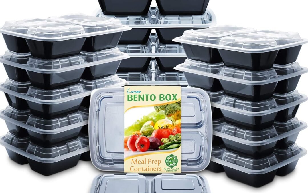 Enther Meal Prep Containers with Lids 20 Pack 3 Compartment Food Storage Bento Lunch Box BPA Free, Reusable, Microwave/Dishwasher/Freezer Safe, 24oz Black Small
