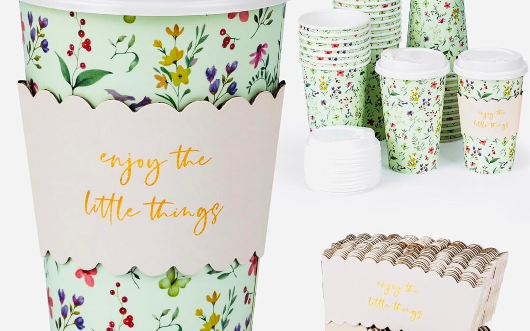 Factory Wholesale Floral 16 oz To Go Coffee Cups with Lids and Sleeves – 48 Pack Disposable Paper Coffee Cups for Travel, Parties, Coffee Shops, Tea Time – Enjoy the Little Things