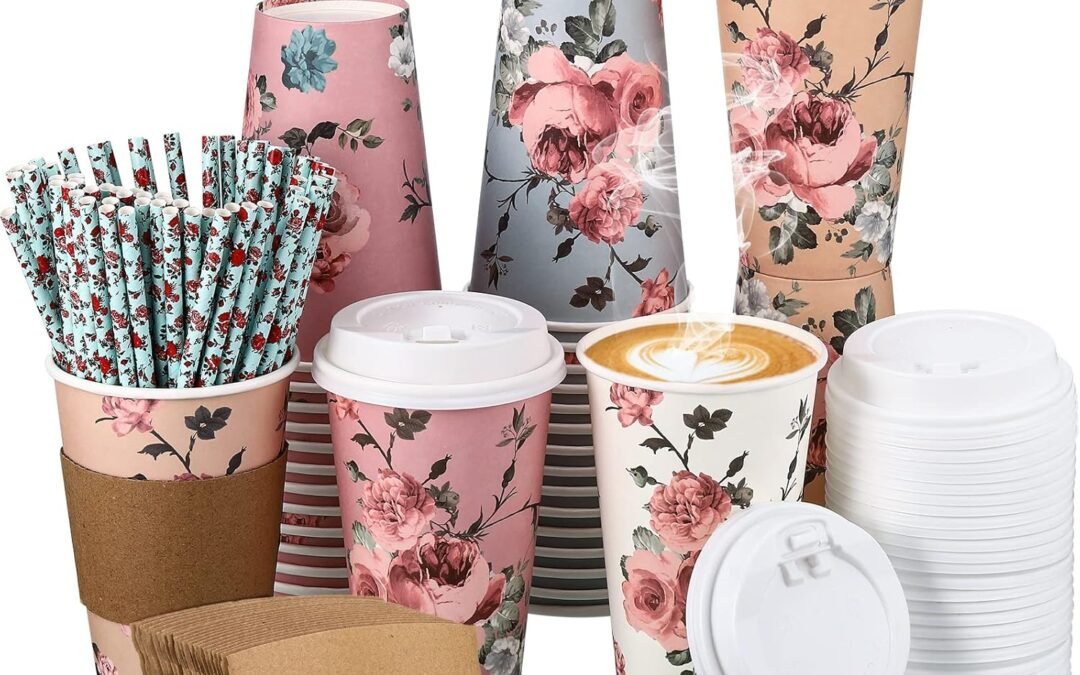 Factory Wholesale Gerrii 240 Pcs Floral Paper Cups Vintage Tea Party Coffee Cups with Lids Sleeves Straws Disposable Spring Hot Drinking Cups Bulk for Floral Party Birthday Wedding Supplies, 4 Style(16 oz)