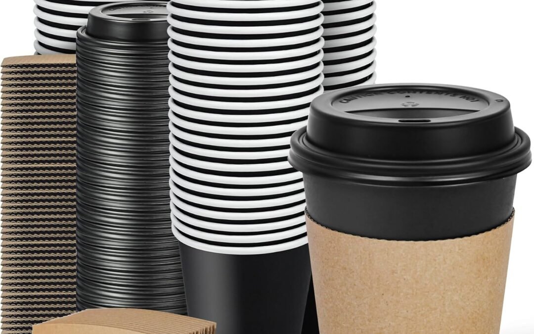 Factory Wholesale Ginkgo 100 Pack 12 oz Disposable Coffee Cups with Lids and Sleeves, To Go Leak-Proof Black Paper Cups for Picnics, Parties, Travel, Offices and Coffee Bar Supplies