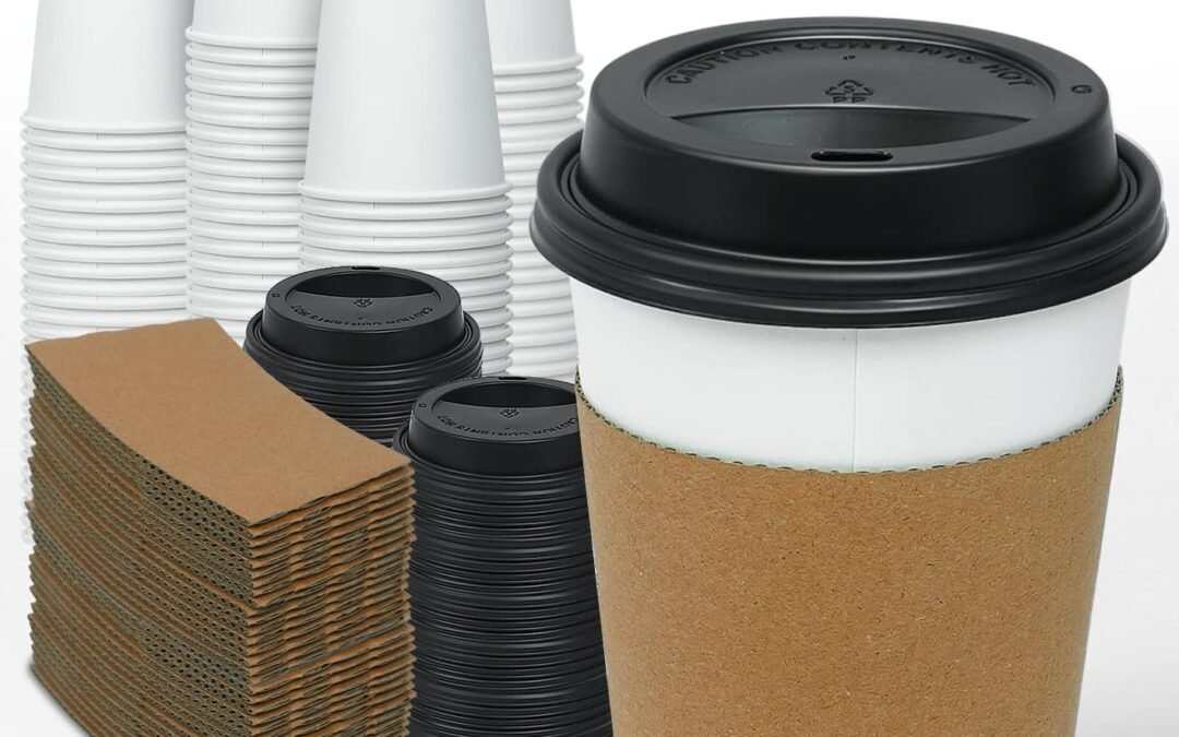 Factory Wholesale Ginkgo 100 Pack 12 oz Disposable Thickened Paper Coffee Cups with Lids and Sleeves, To Go Hot Coffee Cups, Hot Chocolate, Cocoa and Coffee Bar Supplies