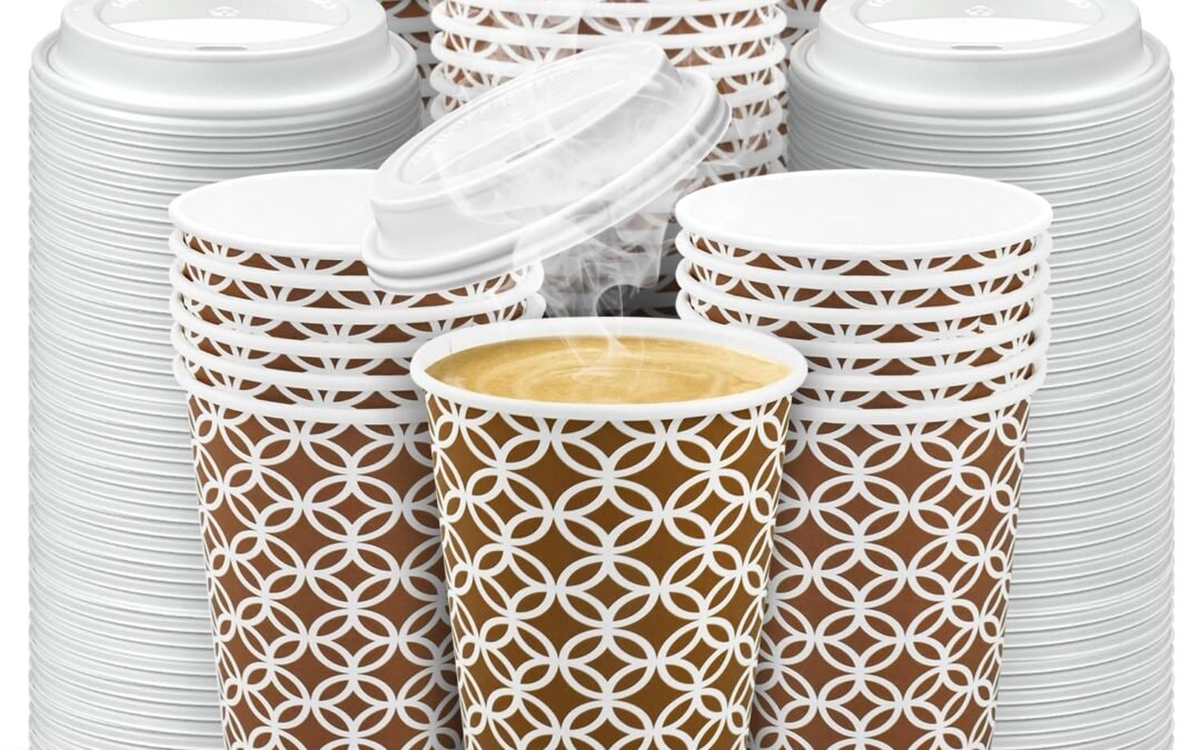 Factory Wholesale Ginkgo 100 Pack Disposable To Go Coffee Cups with Lids 16 oz, Brown Minimalist Pattern Paper Hot CoCoa Cups Suitable for Travel, Party, Shops Cafes