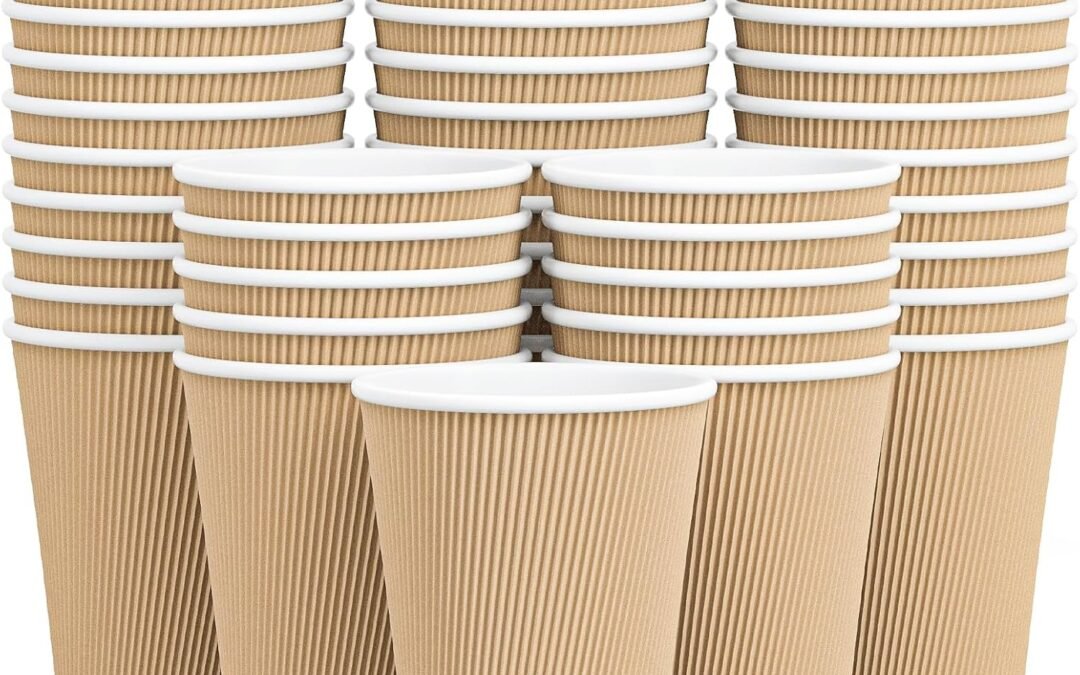 Factory Wholesale Hot Paper Cups 150 Pack Coffee Cups, Paper Coffee Cup 12 oz Disposable Insulated Corrugated Sleeve Ripple Wall Hot Beverage Cups Suitable for Drink, Party and Any Occasions (Kraft)