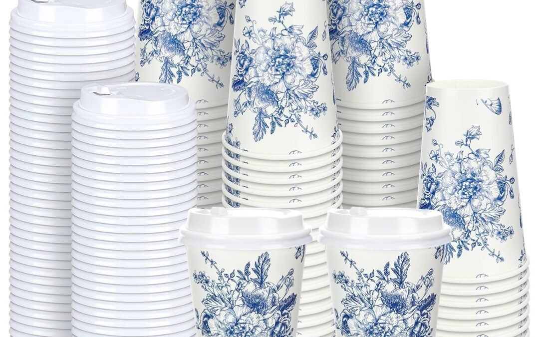 Factory Wholesale Irenare 96 Pack Blue and White Flower Disposable Coffee Cups with Lids 16 oz Blue Floral Paper Cups Chinoiserie Floral Pattern for Office Home Tea Party