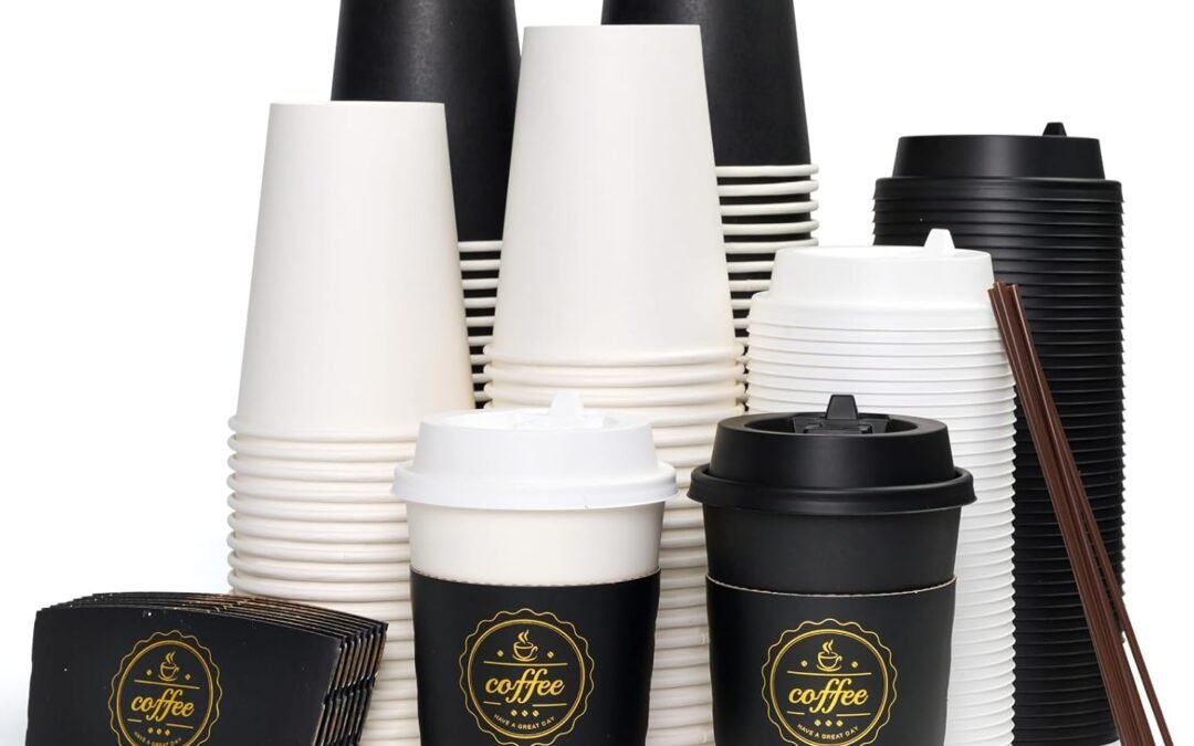 Factory Wholesale JOLLY CHEF 100 Pack 12 oz Disposable Coffee Cups Hot Beverage Paper Coffee Cups with Lids, Sleeves and Stirrers (Black and White)