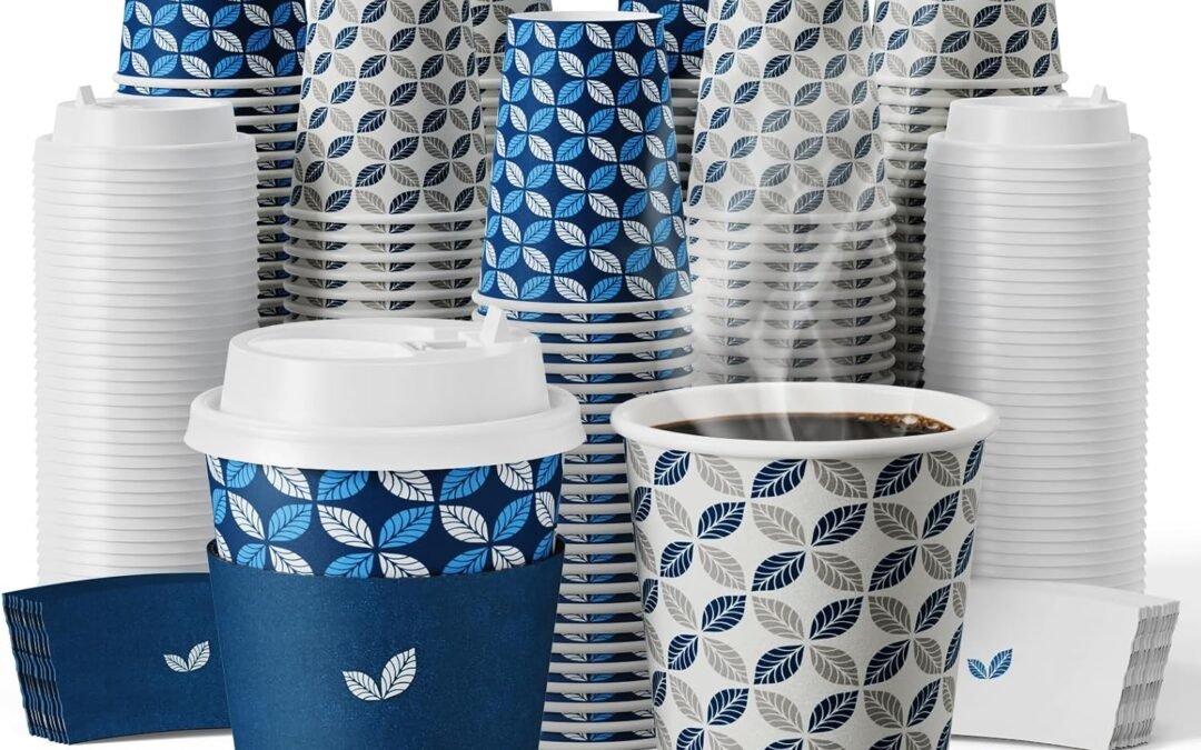 Factory Wholesale JOLLY CHEF 100 Pack Disposable Coffee Cups 12 oz, Hot Paper Coffee Cups with Lids, Sleeves and Stirrers for Home, Office, Cafe (Blue Leaf and Grey Leaf)