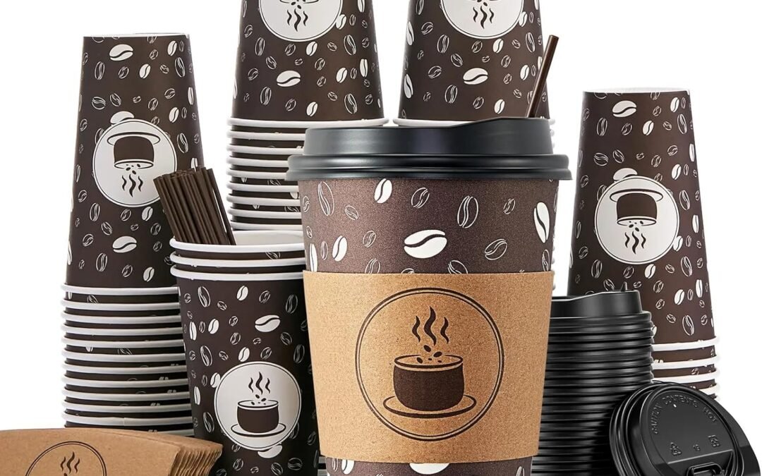 Factory Wholesale JOLLY PARTY Disposable Coffee Cups with Lids, Sleeves and Straws – 12oz(100 Pack) Paper Coffee Cups with Lids, Durable, BPA Free Hot Cup for Shops, Cafes, and Concession Stands(Dark Brown)