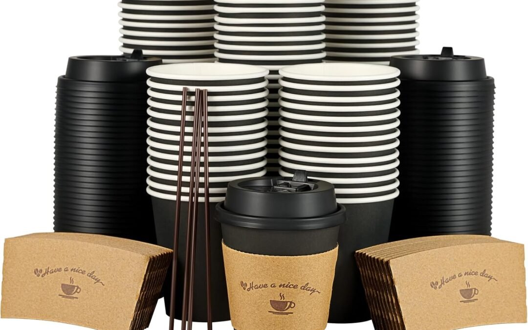 Factory Wholesale LITOPAK 100 Pack 10 oz Paper Coffee Cups for Hot Chocolate Drinks, Black Disposable Coffee Cups with Lids, Sleeves and Stirring Sticks for Parties, Picnic, Travel, and Events