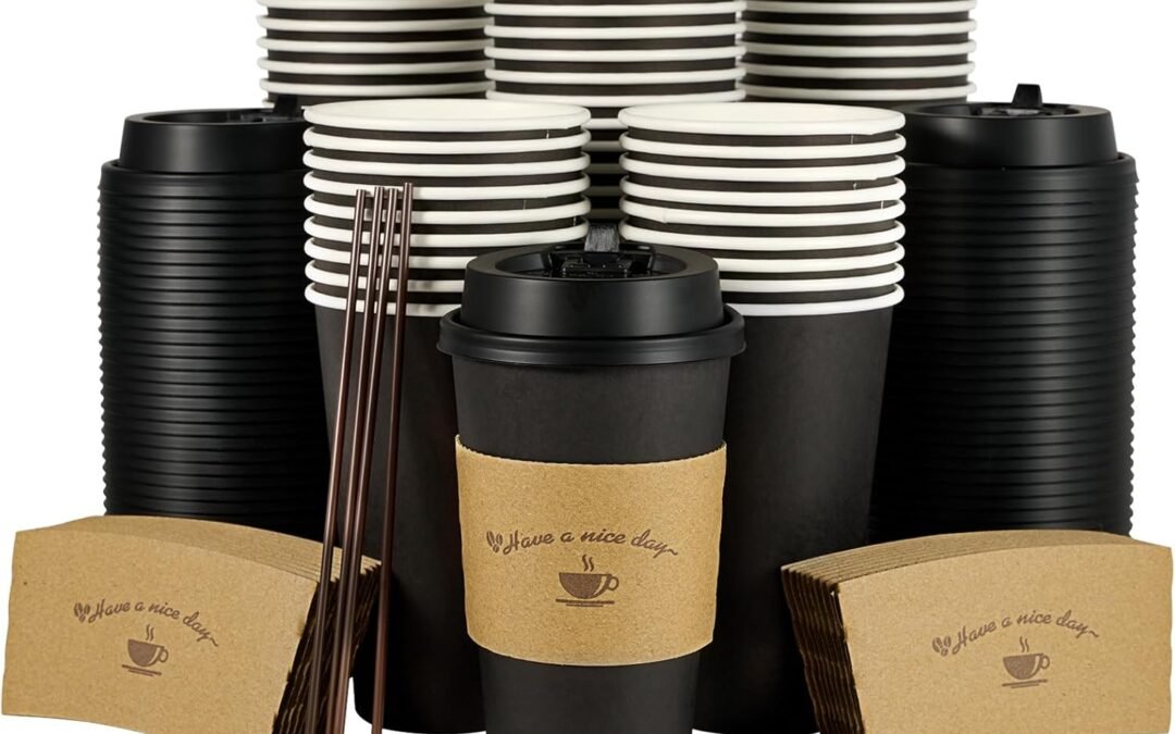 Factory Wholesale LITOPAK 100 Pack 16 oz Paper Coffee Cups for Hot Chocolate Drinks, Black Disposable Coffee Cups with Lids, Sleeves and Stirring Sticks for Parties, Picnic, Travel, and Events