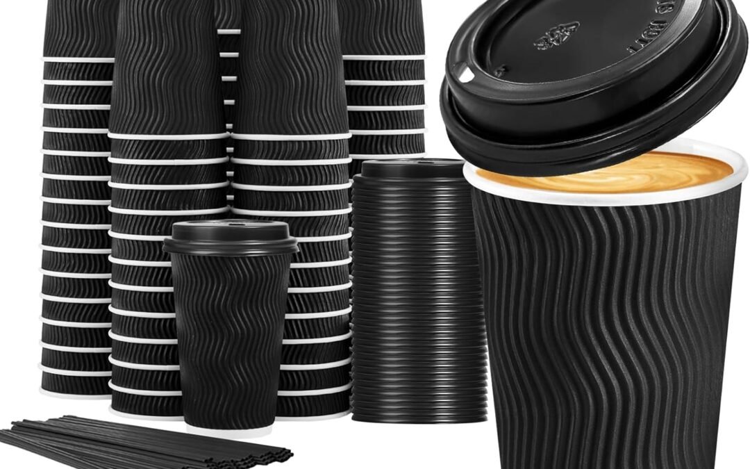 Factory Wholesale Lamosi 16 oz Disposable Coffee Cups with Lids, 50 Pack Insulated Hot Cups To Go Paper Coffee Cups with Lids and Straws, Corrugated Ripple Wall Cup for Hot Drink, Office, Coffee Bar (Black)