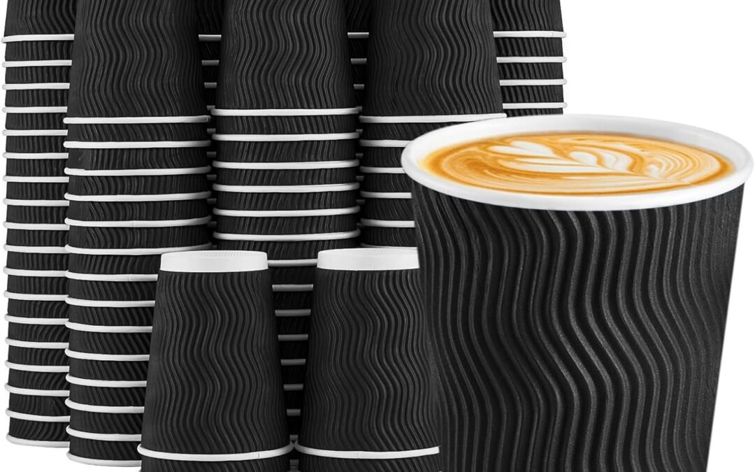 Factory Wholesale Lamosi Disposable Coffee Cups 12 OZ 100 Pack, Paper Coffee Cups 12 OZ for Hot Drinks or Cold Beverages, Insulated Corrugated Ripple Wall Cup No Lids for Office, Cafe, Home or Travel (Black)