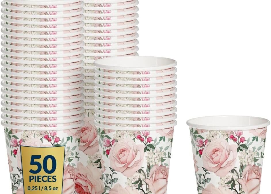 Factory Wholesale PAW – Disposable Paper Cups (8,5 oz, 50-Pack), Hot & Cold Paper Coffee Cups, Floral Rose Cups with Gorgeous Roses Theme for Party, Wedding, Garden Party, BBQ, Picnic