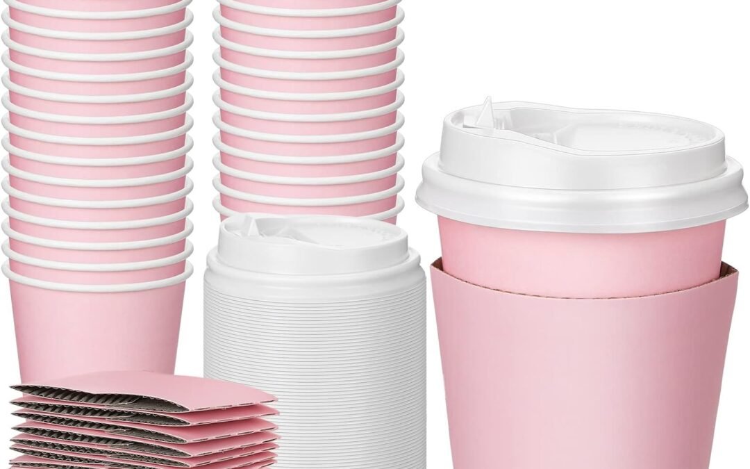 Factory Wholesale Patelai 48 Pcs 12 oz Disposable Coffee Cups with Lids and Sleeves Bulk, Insulated Hot Chocolate Paper Cup for Hot and Cold Beverage Water Juice Cocoa Tea Party Restaurants Travel Supplies (Pink)