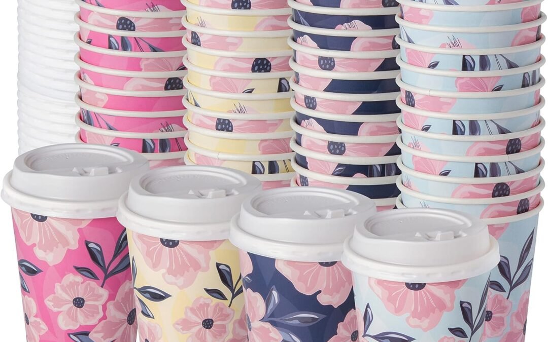 Factory Wholesale ROYAL BLUEBONNET 48 Floral Paper Coffee Cups with Lids – 12oz Cute Disposable Coffee Cups with Lids with 4 Different Color Flower Designs for Spring – Pink, Blue, Yellow and Navy, Tea Party Supplies