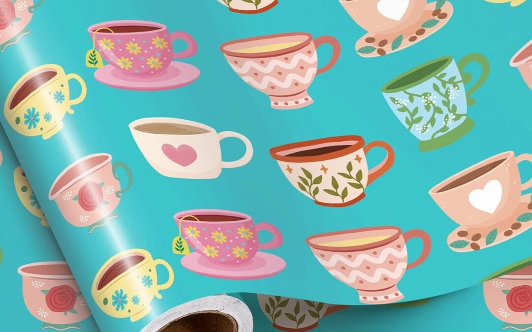 Factory Wholesale RUSPEPA Cute Coffee Cup Wrapping Paper Roll, Mini Roll, Mint Cozy Vintage Deisgn with Colorful Mug and Teacup Patterns, Funny and Elegant Gift Wrap Paper for Birthday, Holiday, 17 Inches x 16.4 Feet