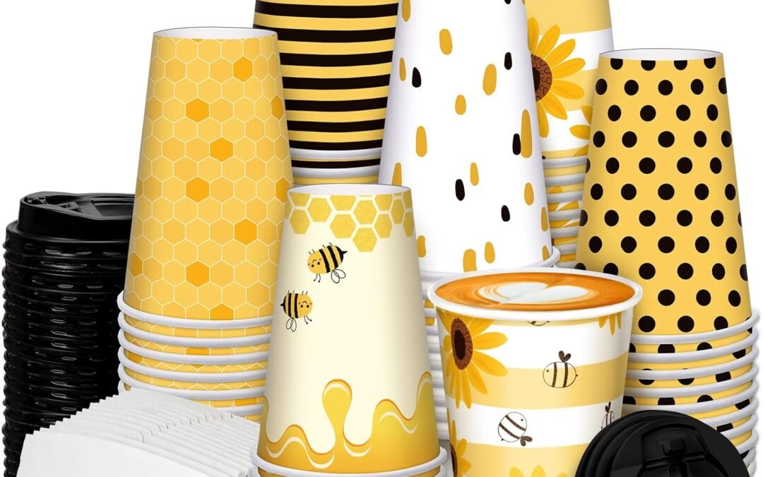 Factory Wholesale Sumind 90 Pcs/ 30 Set Bee Coffee Cups 12oz Bee Party Disposable Honey Drinking Cups with Lids and Sleeves for Baby Shower Garden Birthday Party
